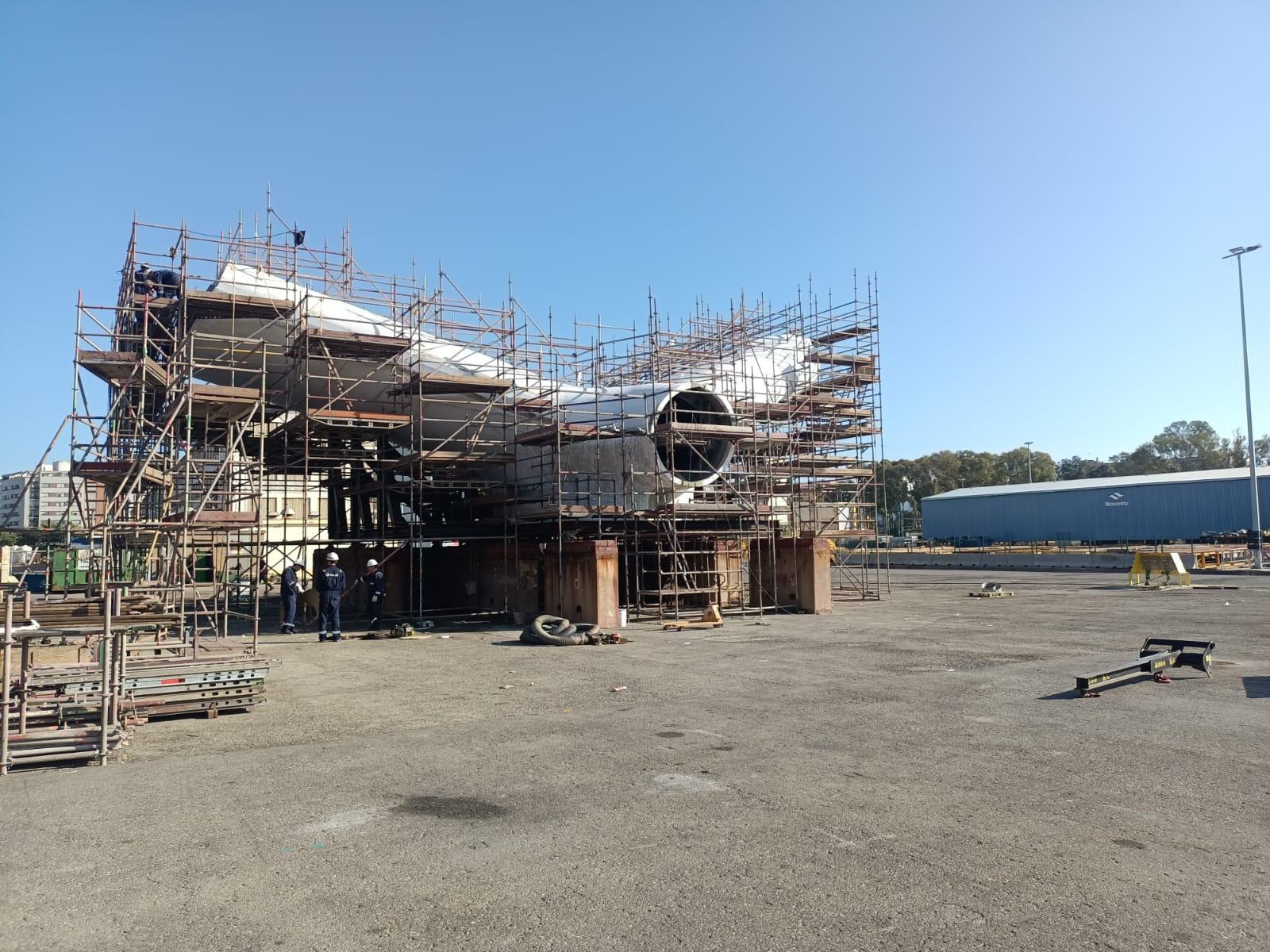 Scaffolded newbuild hull section under construction