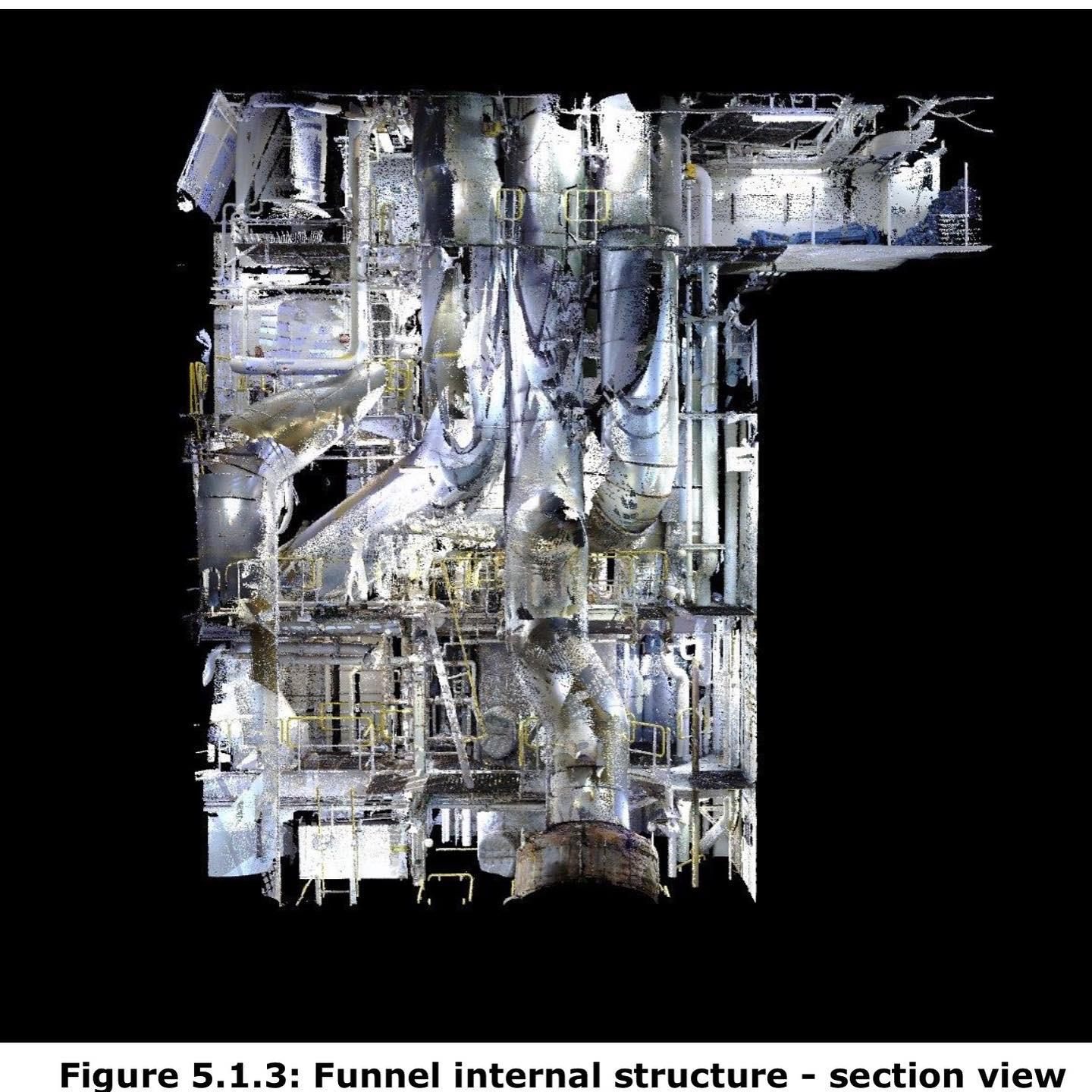 3D laser scan render of a vessel funnel internal structure, section view