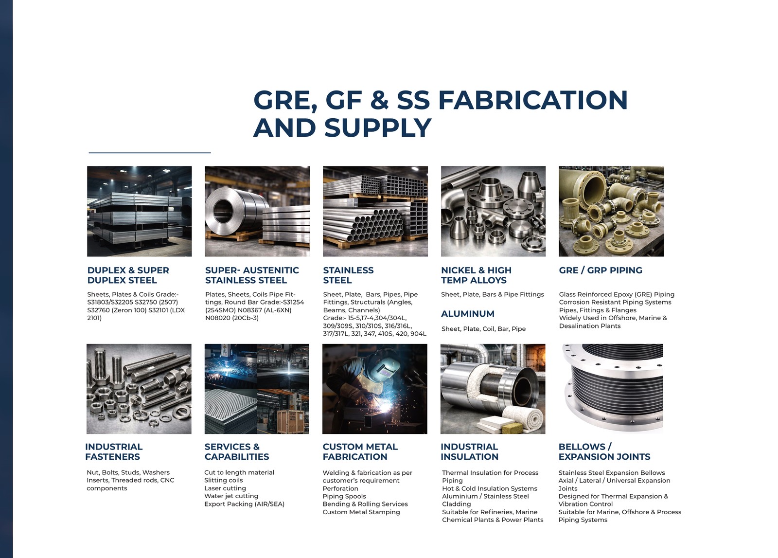 GRE, GF and stainless steel fabrication and supply — materials and components