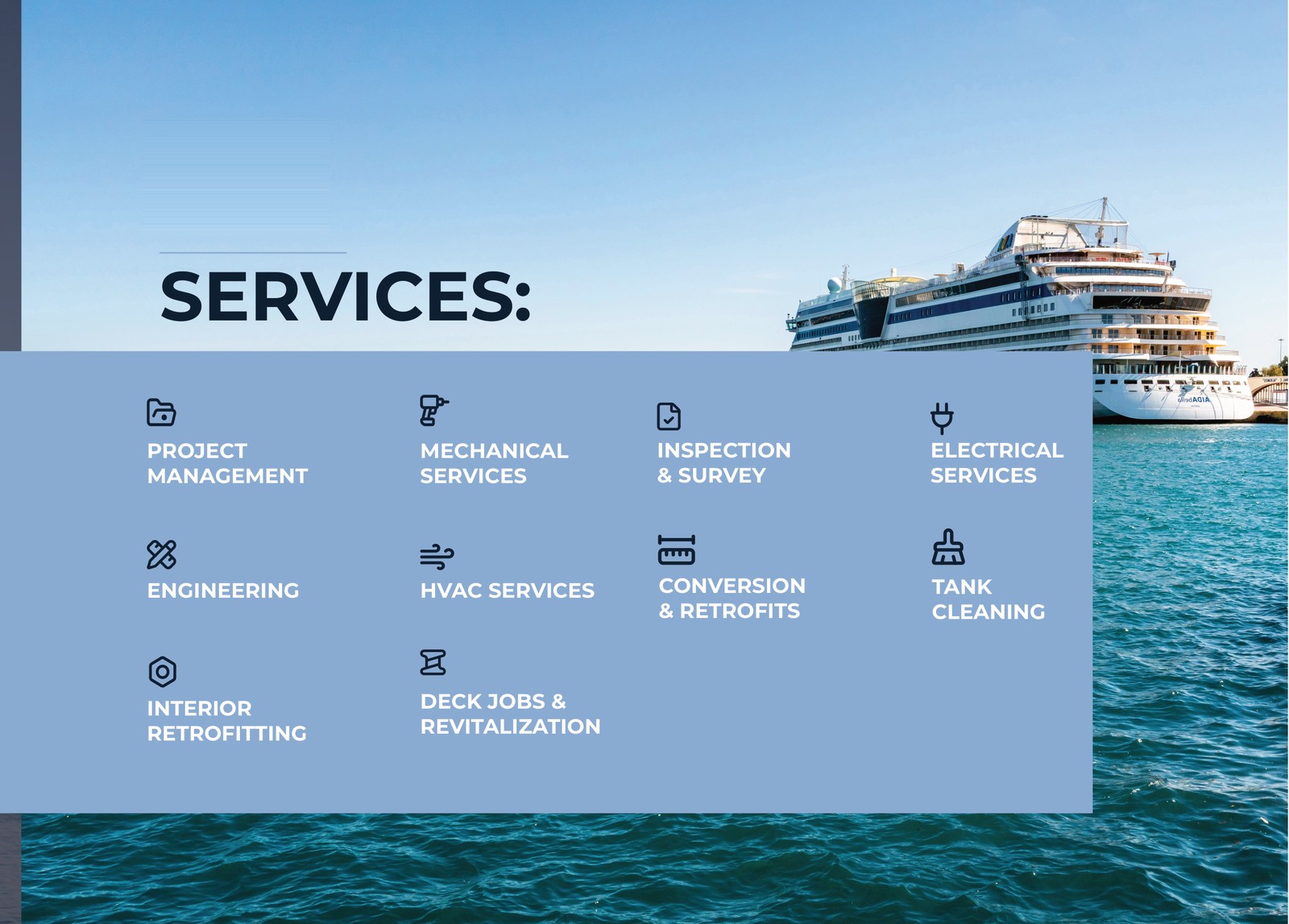 SeaQuest services: project management, mechanical, inspection & survey, electrical, engineering, HVAC, conversion & retrofits, tank cleaning, interior retrofitting, deck jobs
