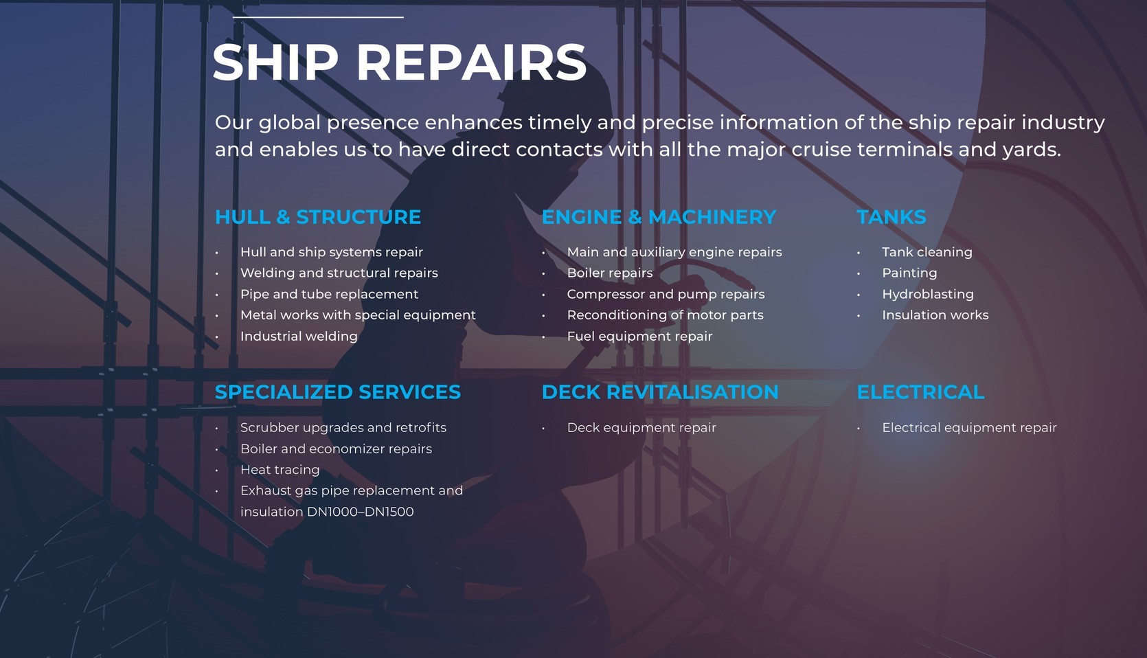 Ship repairs: hull & structure, engine & machinery, tanks, specialized services, deck revitalisation, electrical