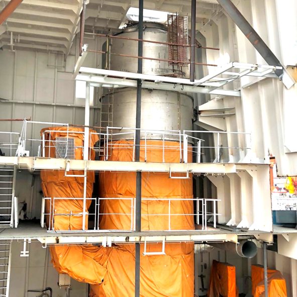 Exhaust gas scrubber tower installed in vessel funnel casing