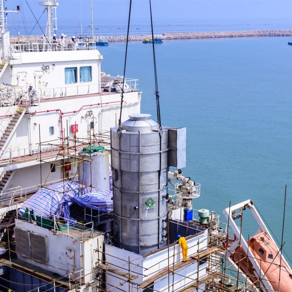 Scrubber system modules staged on deck in port